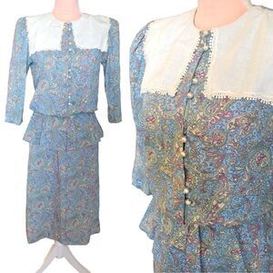 VTG 70s Blue Paisley Printed Quarter Sleeve Peplum Midi Dress Size 6